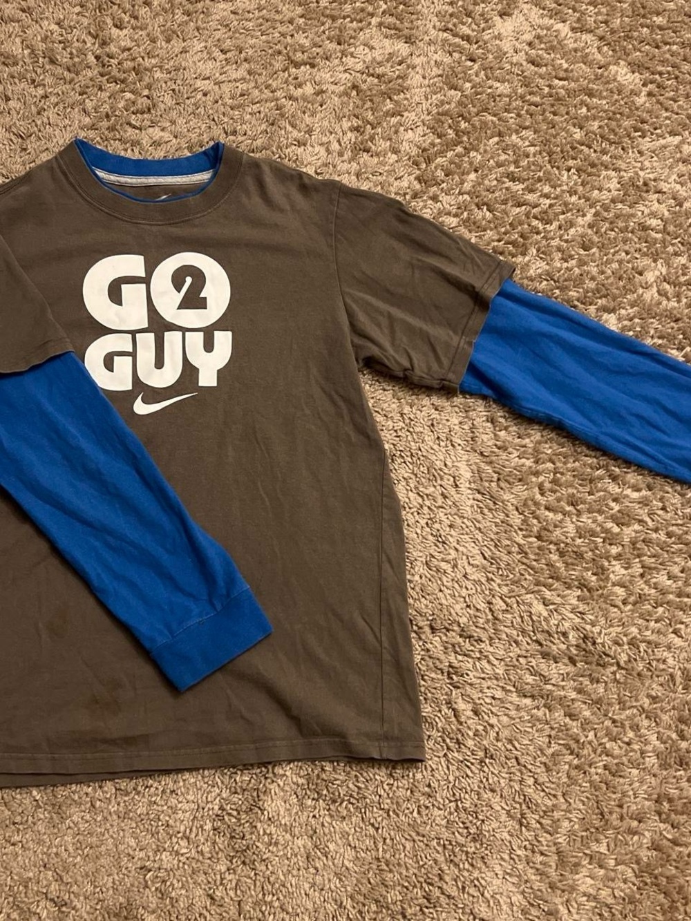 Nike Kids Brown Tee with Bright Blue Layered Sleeves and White Graphic